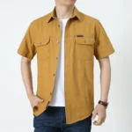 Mens Short Sleeve Cotton Casual Tactical Shirt Half Sleeve for Hiking Climbing Hunting Outdoor Sport Shirt for Men-Yellow / L