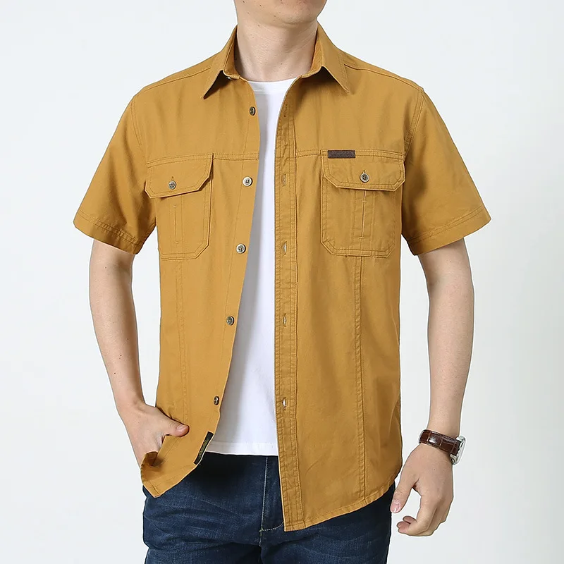 Hb006abd79a6d44b1b1f81e7dbf5945060.webp Mens Short Sleeve Cotton Casual Tactical Shirt Half Sleeve for Hiking Climbing Hunting Outdoor Sport Shirt for Men-Yellow / L - Image 1